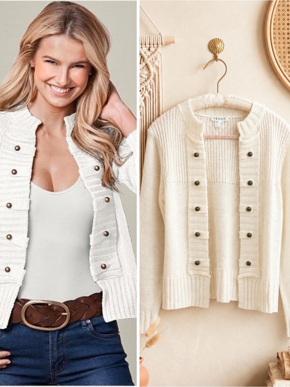 VENUS Cream/White Ribbed Button-Front Cardigan